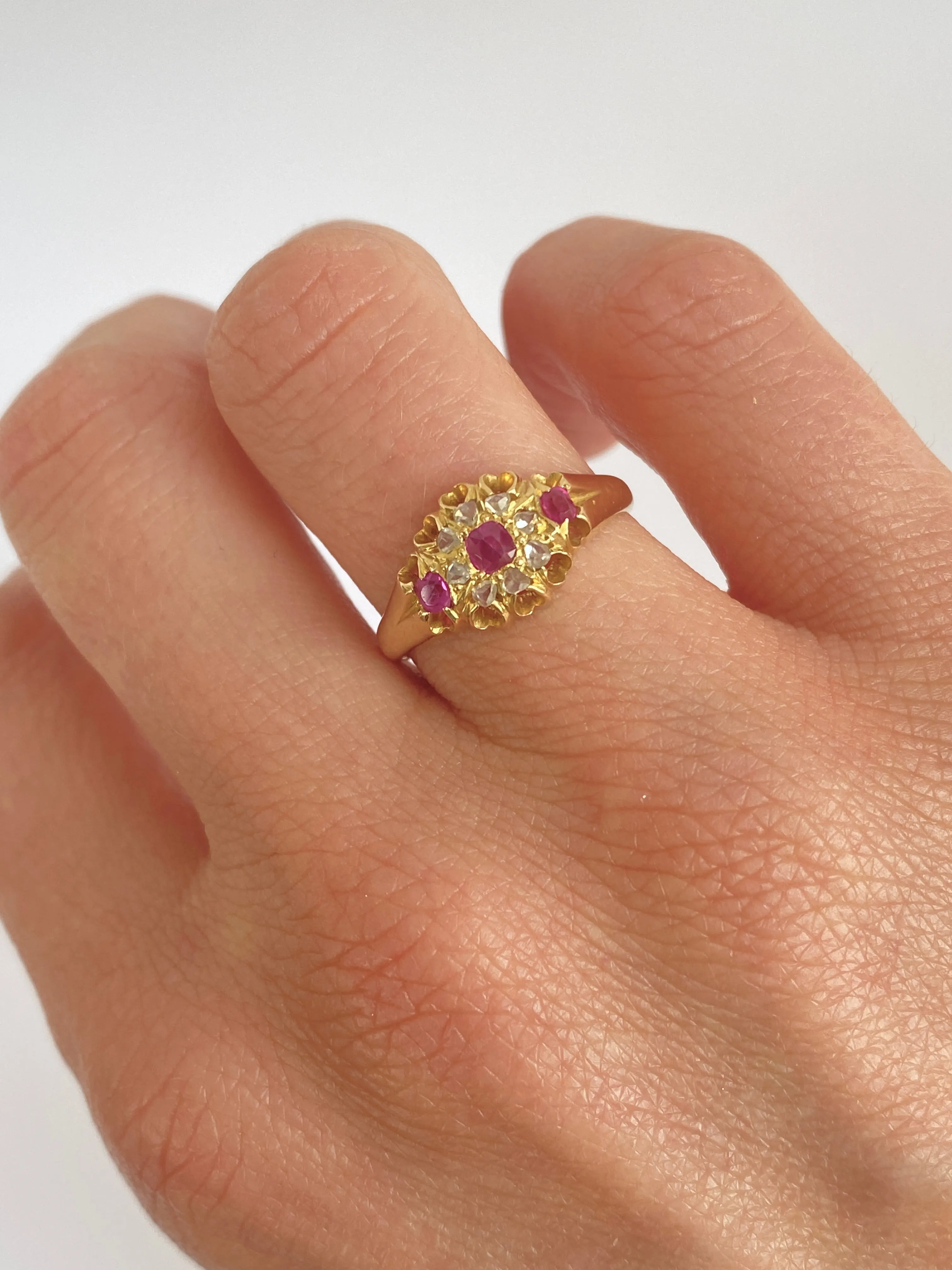 Antique 18ct Gold Ruby and Rose Cut Diamond Flower Ring, Hallmarked 18ct Gold