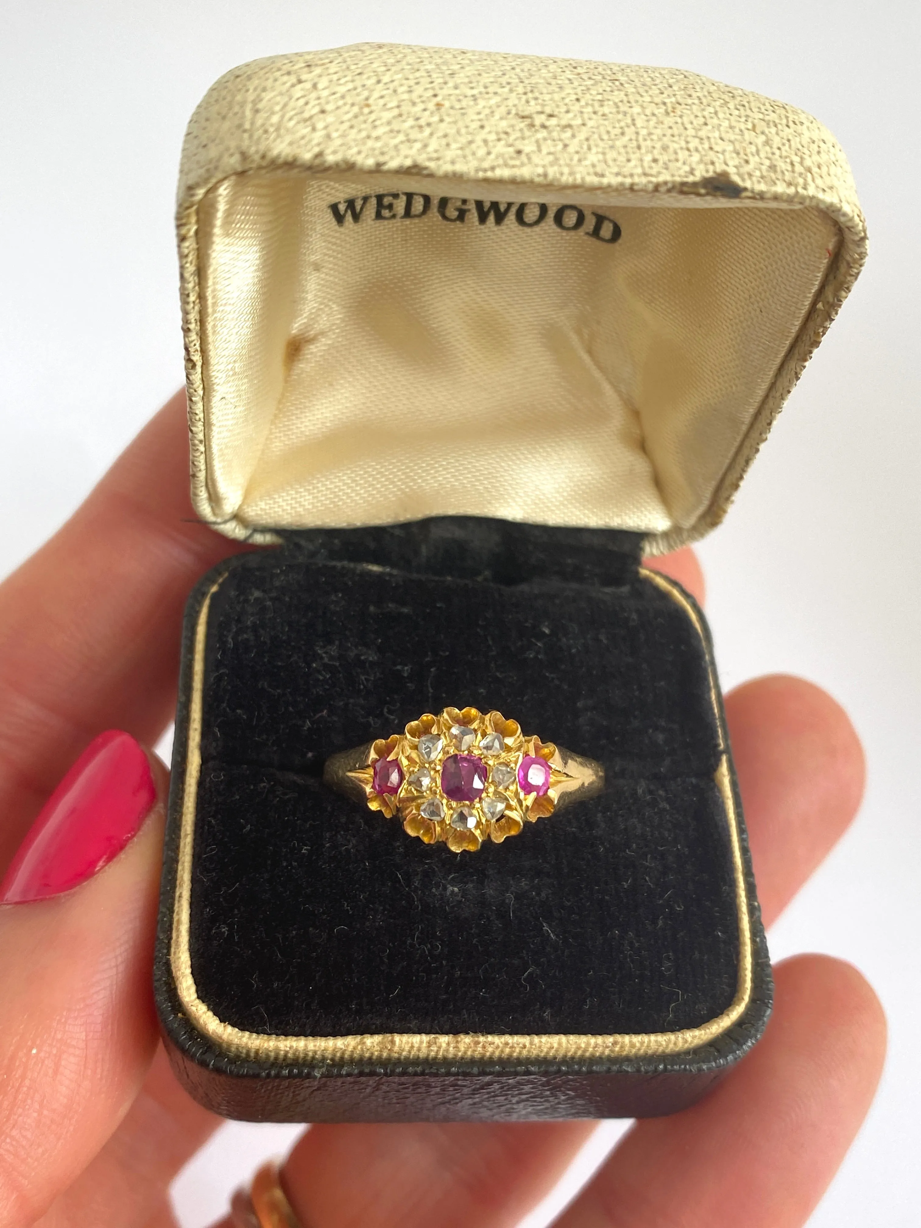 Antique 18ct Gold Ruby and Rose Cut Diamond Flower Ring, Hallmarked 18ct Gold