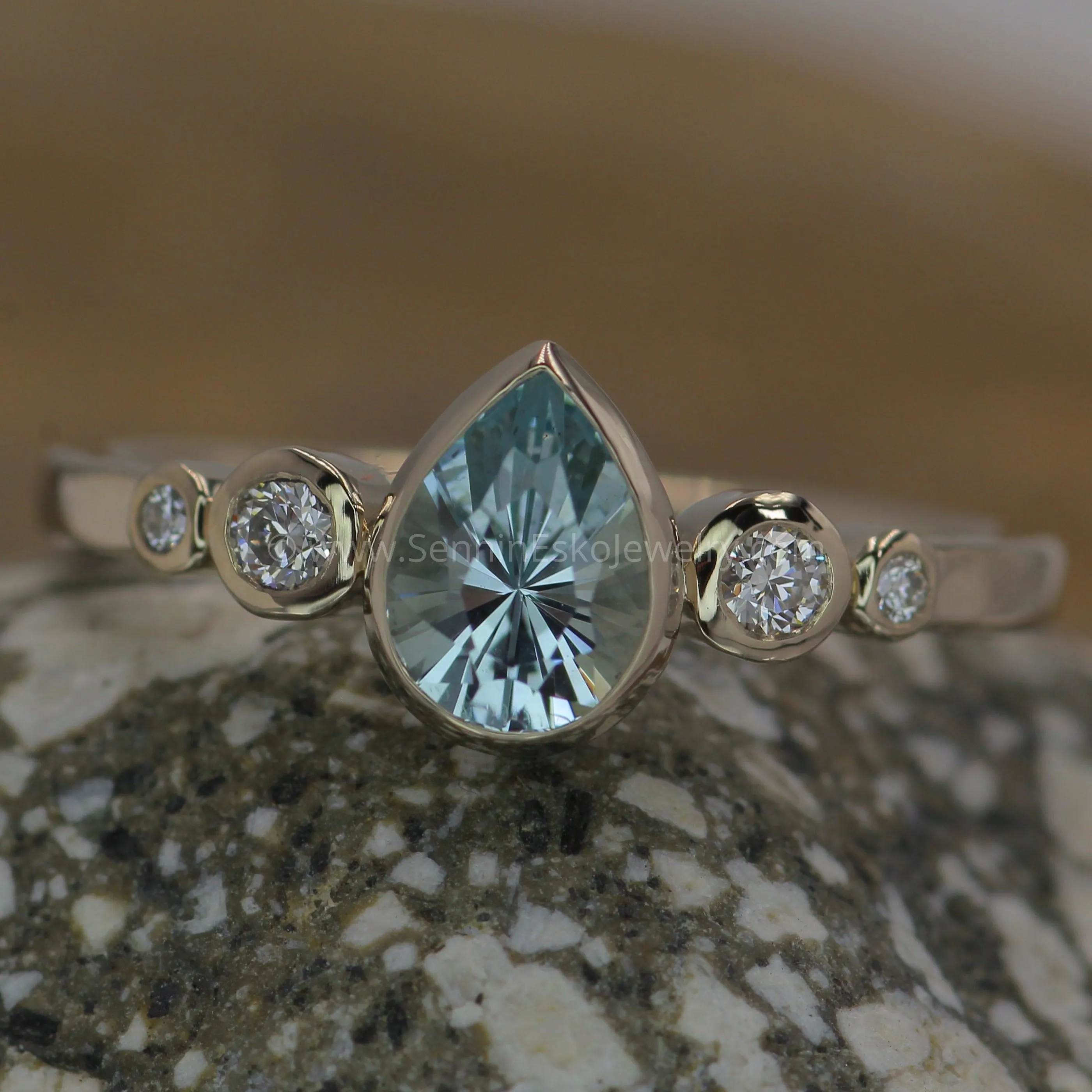 Aquamarine Tear Drop and Diamond Multi Bezel Engagement Ring