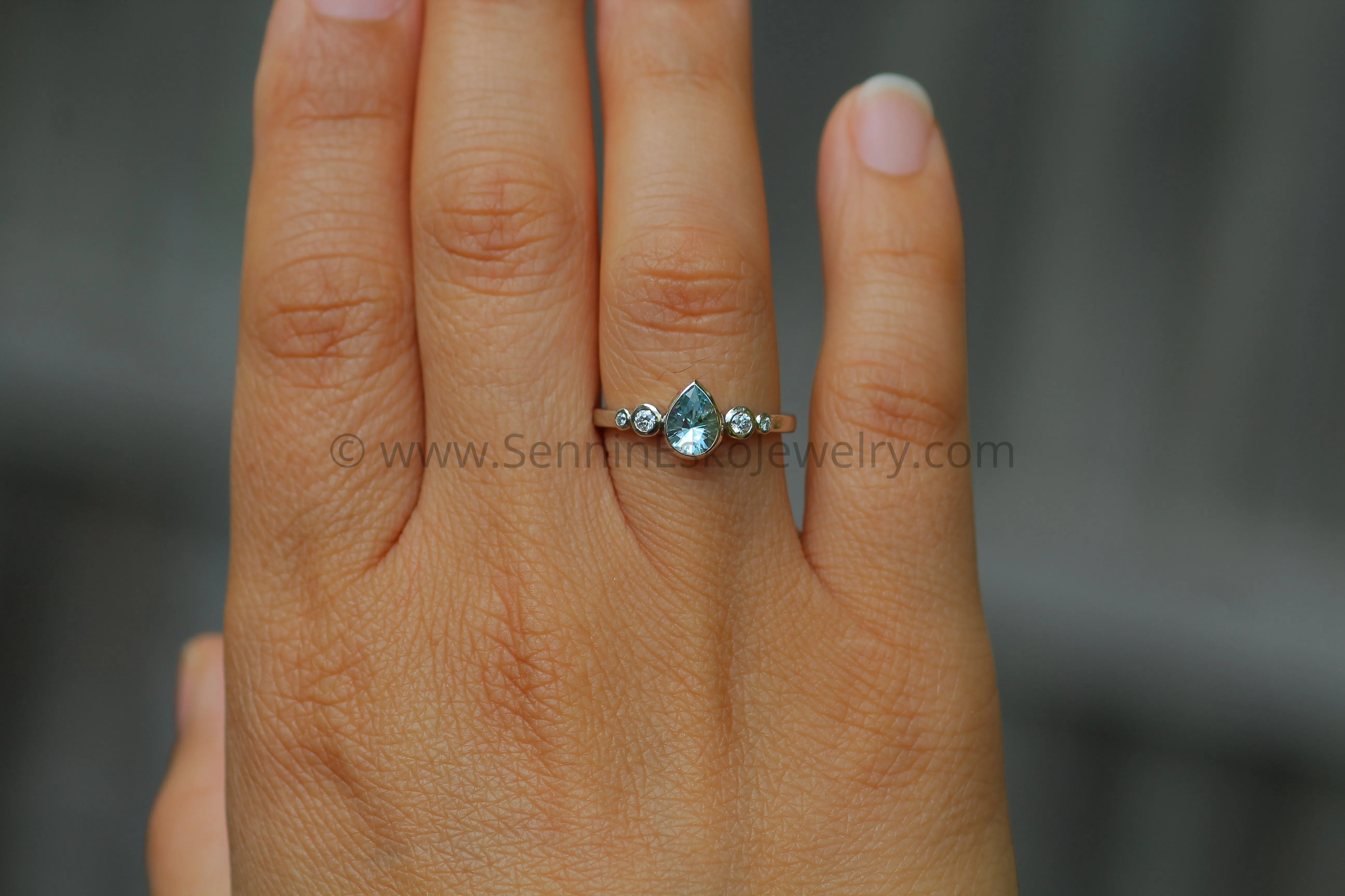 Aquamarine Tear Drop and Diamond Multi Bezel Engagement Ring