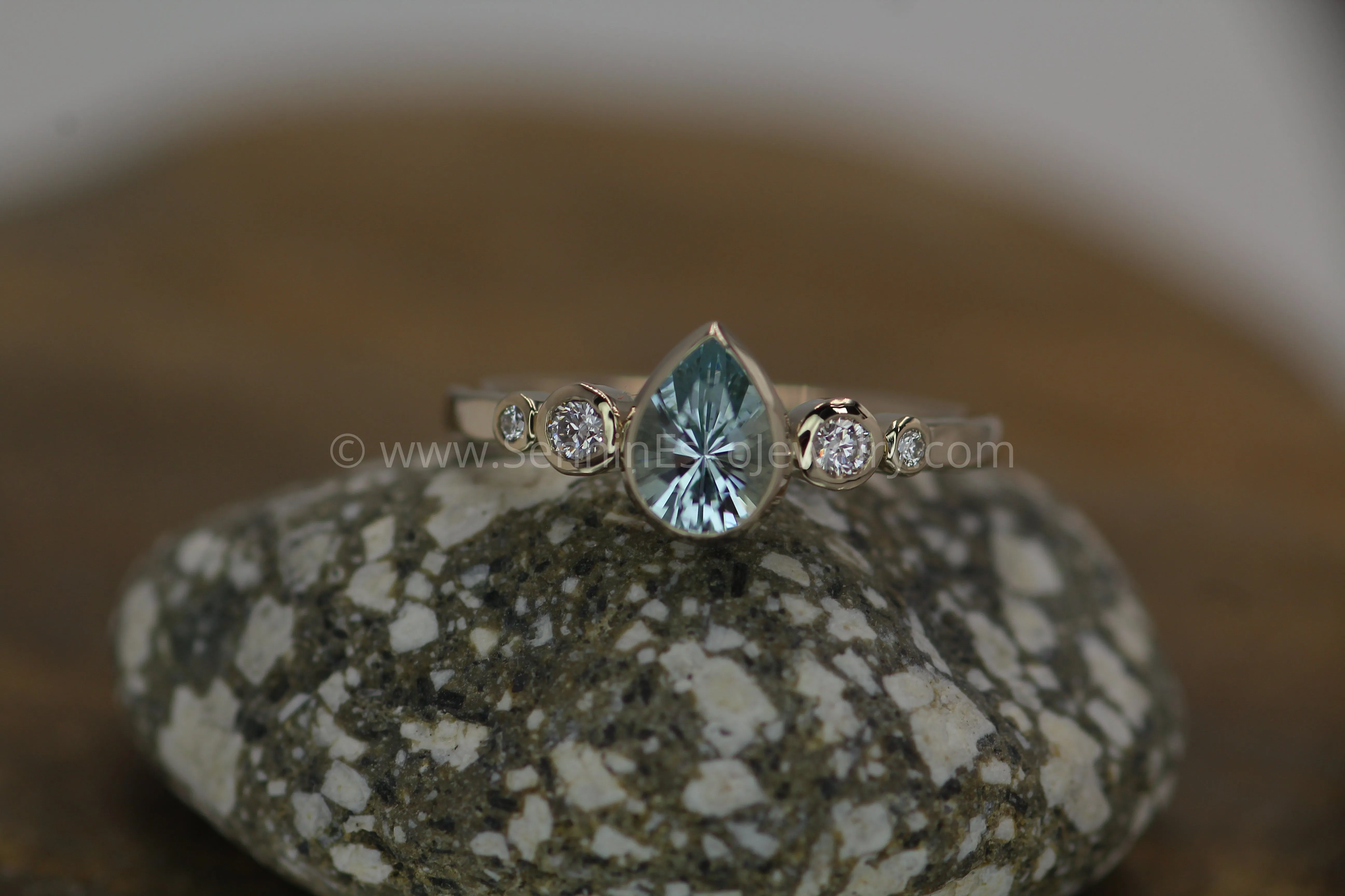 Aquamarine Tear Drop and Diamond Multi Bezel Engagement Ring