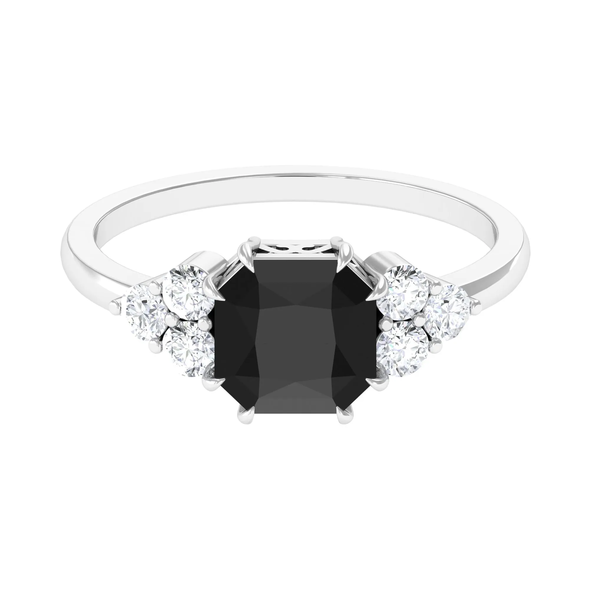 Asscher Cut Created Black Diamond Solitaire Engagement Ring with Diamond Trio