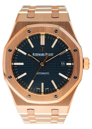 Audemars Piguet Royal Oak 15400OR Blue Dial 18K Rose Gold Mens Watch Box Papers