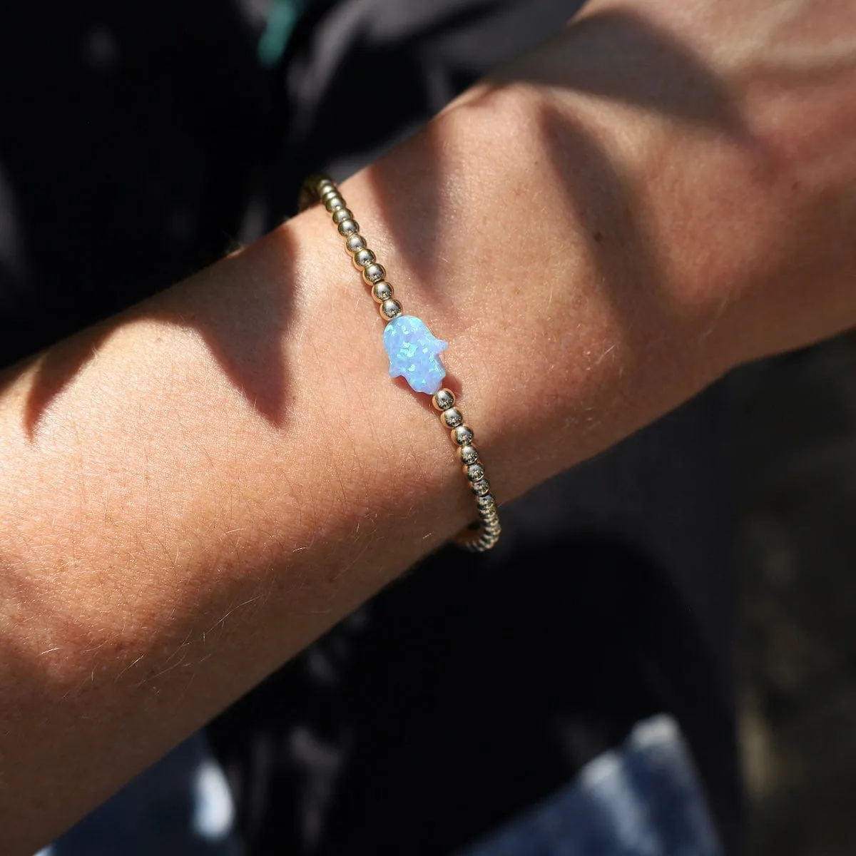 Blue Opal Hamsa Gold Filled Ball Bracelet