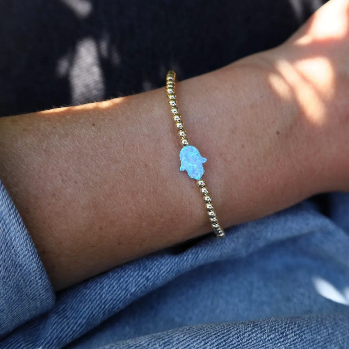 Blue Opal Hamsa Gold Filled Ball Bracelet