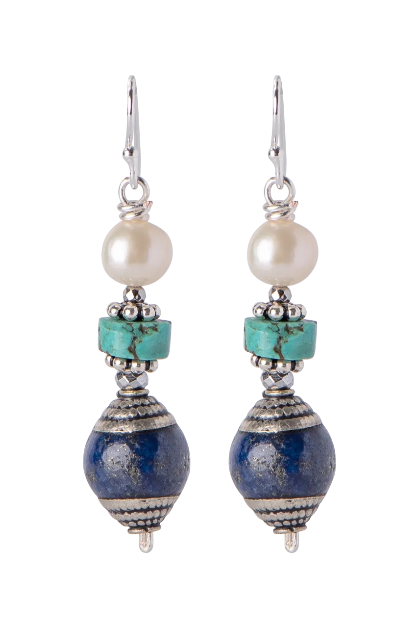 Breathe Deep Designs Pearl, Turquoise and Lapis Drop Earrings