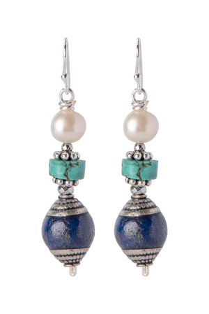 Breathe Deep Designs Pearl, Turquoise and Lapis Drop Earrings