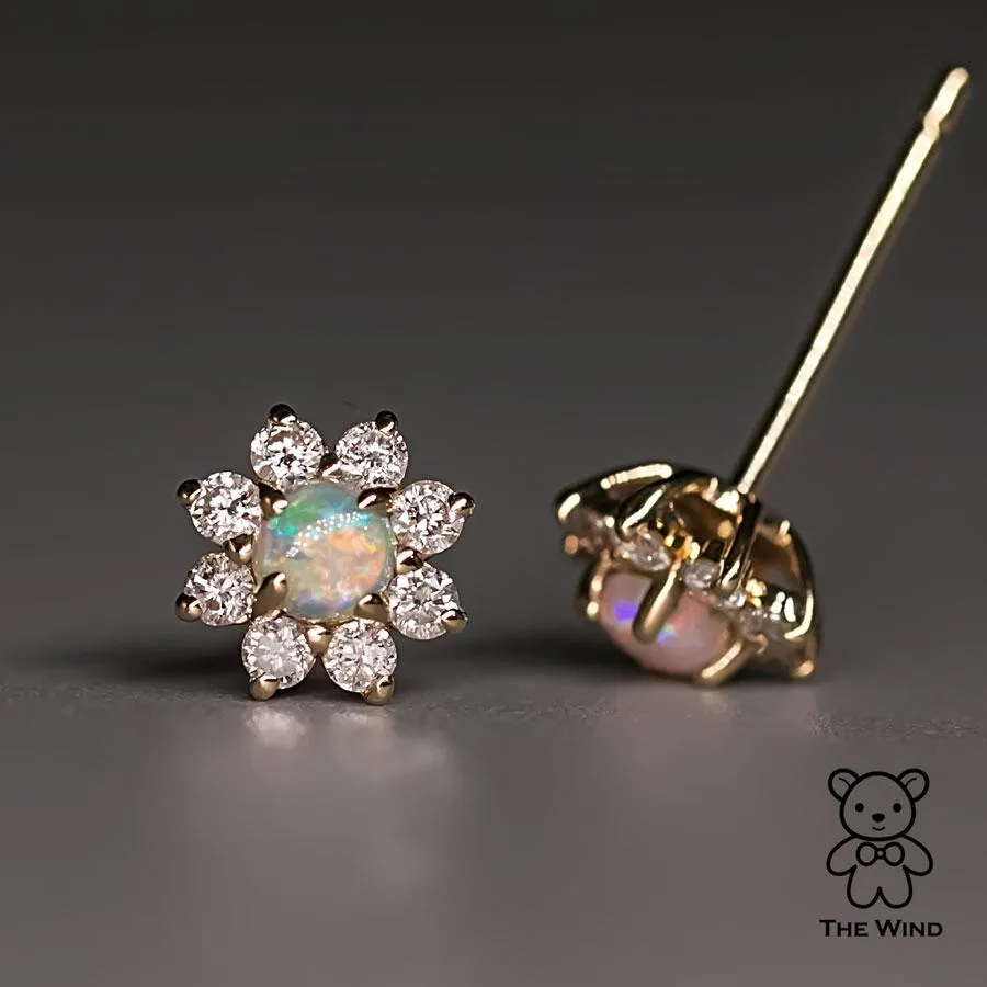 Classic Halo Australian Opal & Diamonds Stud Earrings 14K Yellow Gold