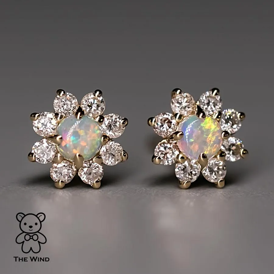 Classic Halo Australian Opal & Diamonds Stud Earrings 14K Yellow Gold