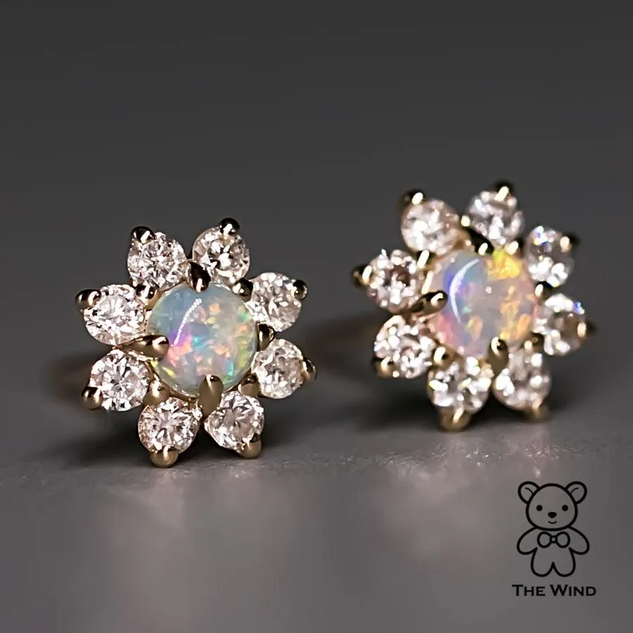 Classic Halo Australian Opal & Diamonds Stud Earrings 14K Yellow Gold