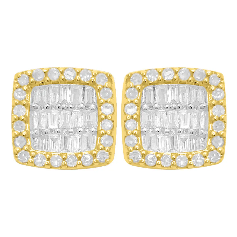 Cushion Baguette Diamond Earrings .35cttw 10K Yellow Gold