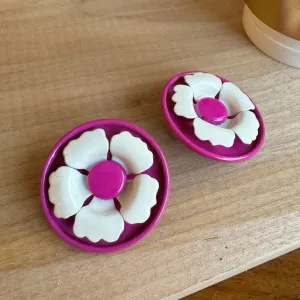 Deep Fuchsia Metal Peony Flower Layered Stud Earrings *