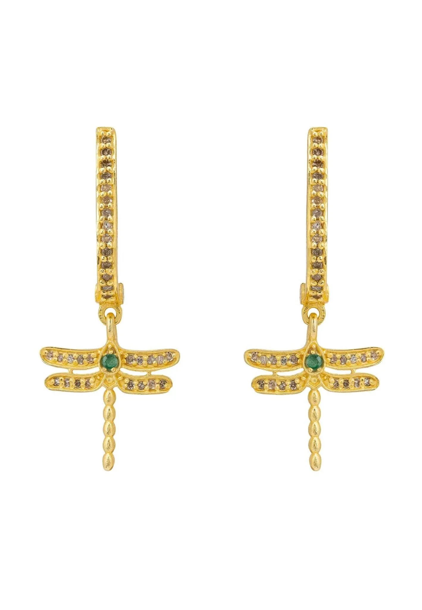 Diamond Dragonfly Earrings Gold Emerald