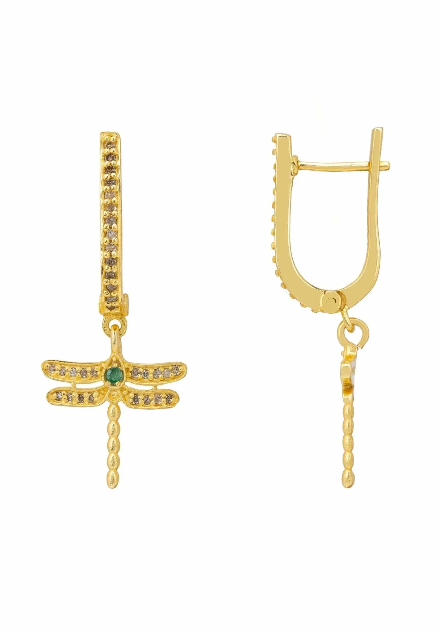 Diamond Dragonfly Earrings Gold Emerald