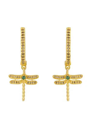 Diamond Dragonfly Earrings Gold Emerald