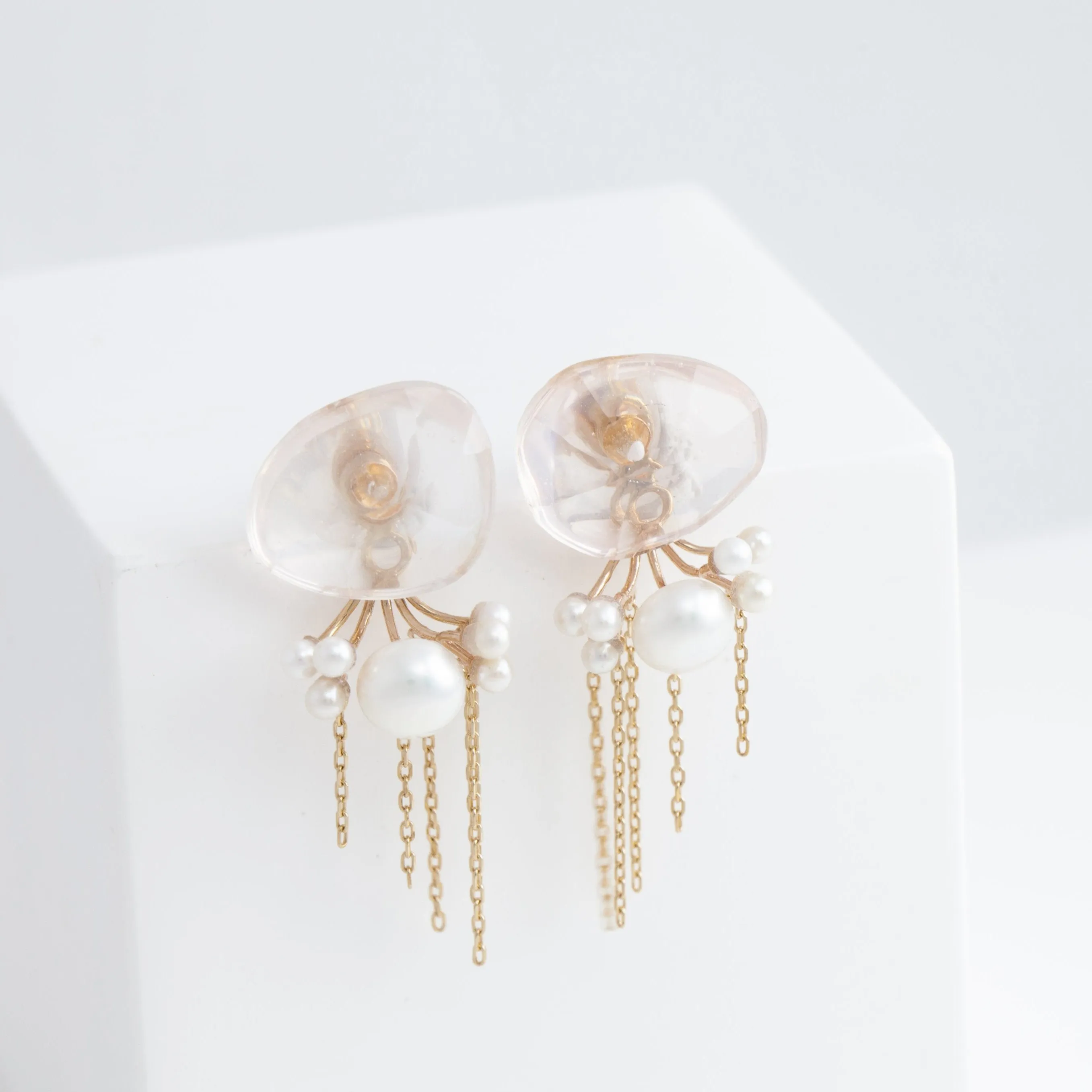 Fairy rose quartz and pearl earrings with chains