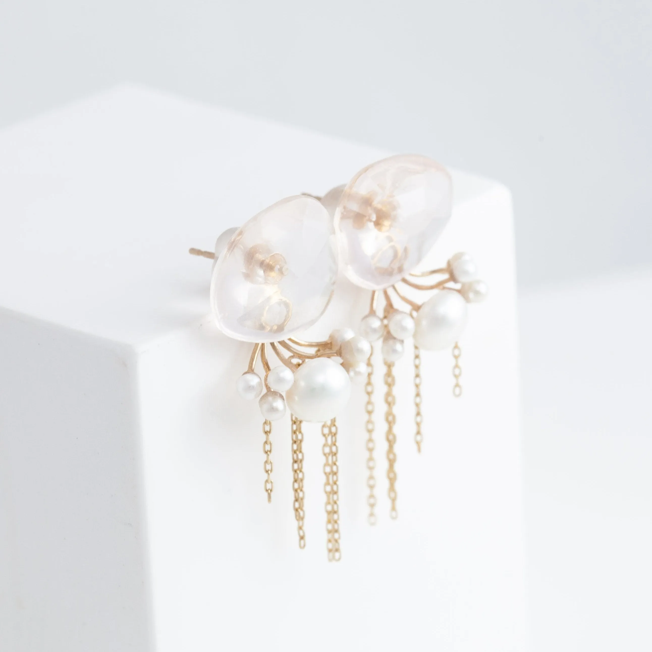 Fairy rose quartz and pearl earrings with chains