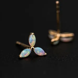 Flower Design Australian Solid Opal Stud Earrings 18K Yellow Gold