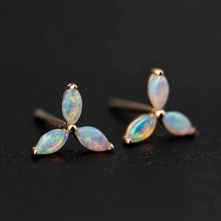 Flower Design Australian Solid Opal Stud Earrings 18K Yellow Gold