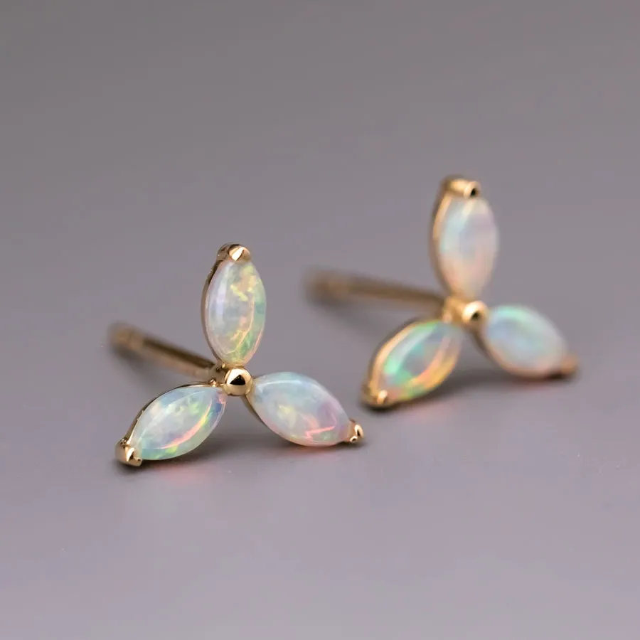 Flower Design Australian Solid Opal Stud Earrings 18K Yellow Gold