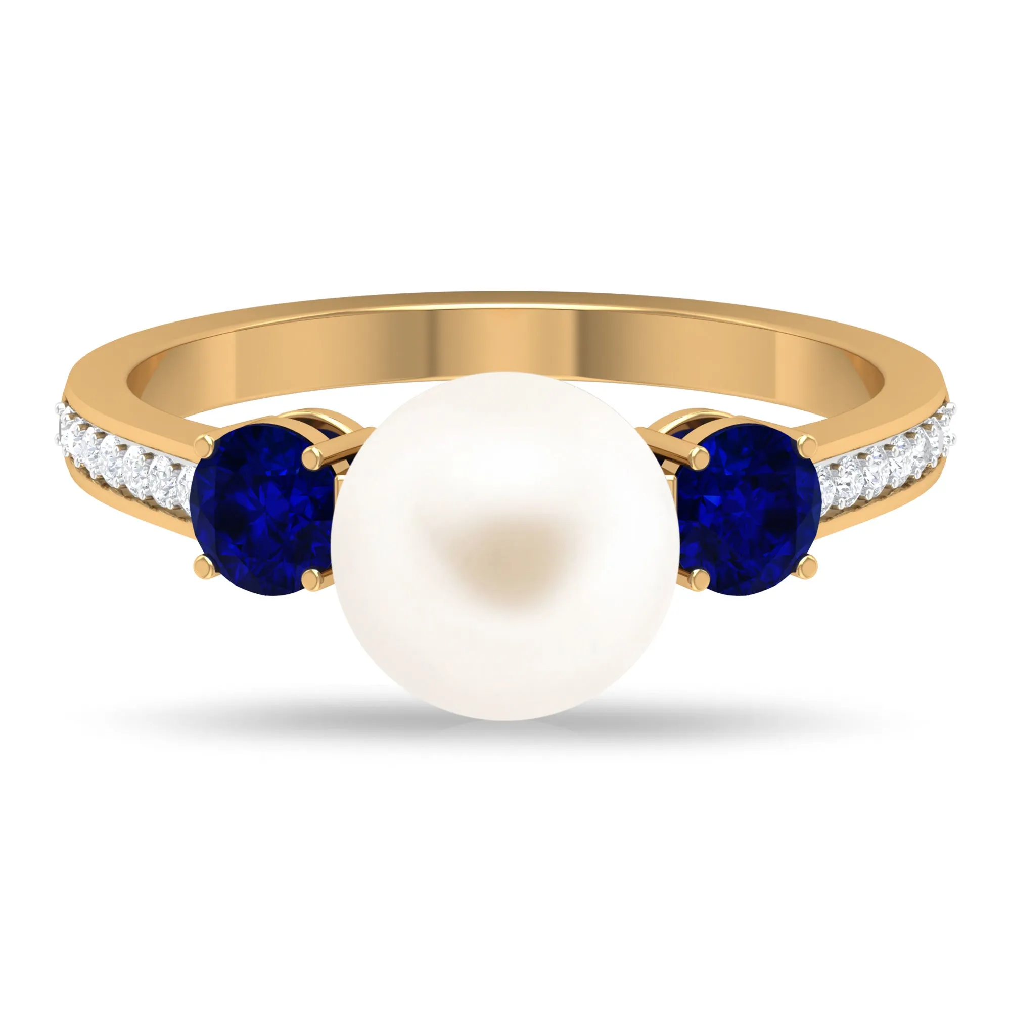 Freshwater Pearl and Blue Sapphire Engagement Ring with Moissanite