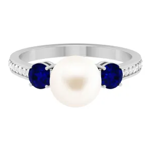 Freshwater Pearl and Blue Sapphire Engagement Ring with Moissanite