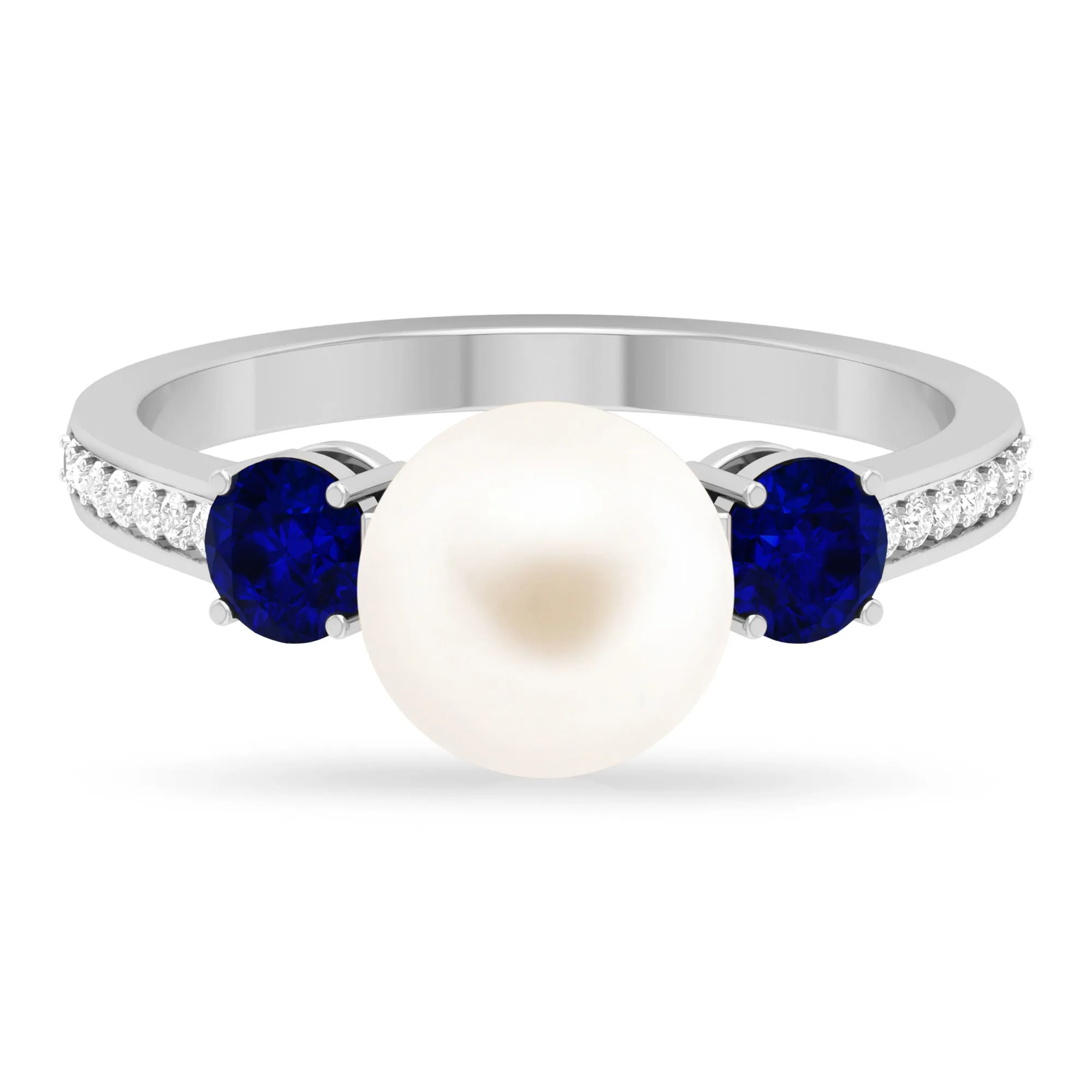 Freshwater Pearl and Blue Sapphire Engagement Ring with Moissanite