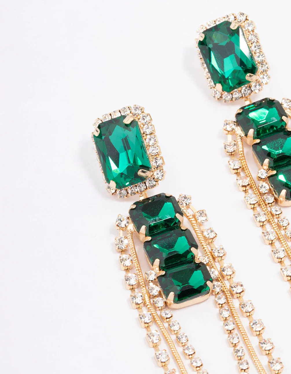 Gold Double Emerald Stone Drop Earrings