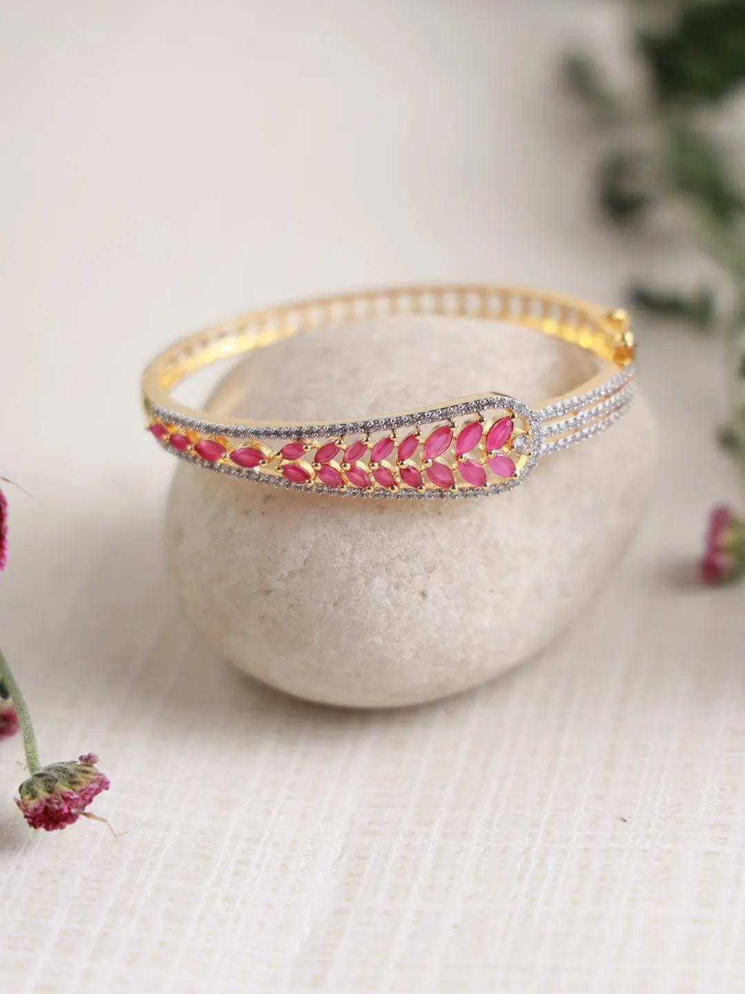 Gold-Plated American Diamond And Ruby Studded Leaf Patterned Bracelet