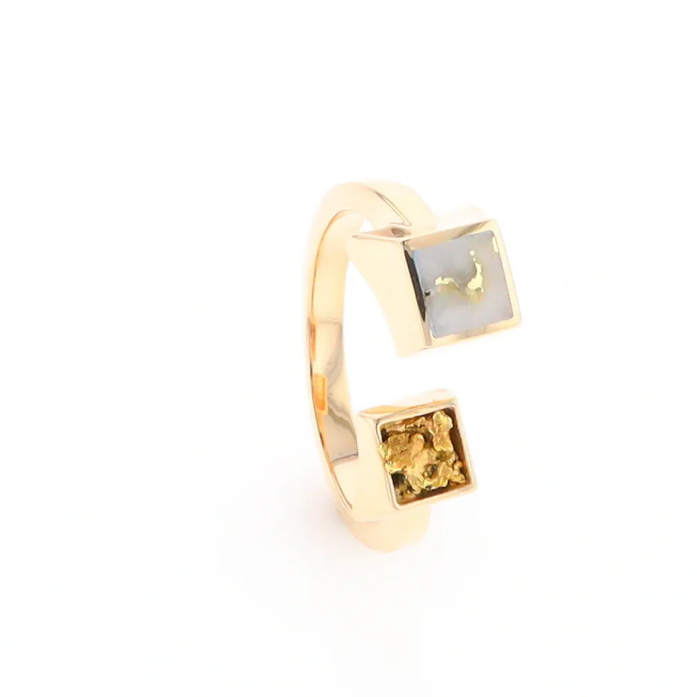 Gold Quartz Ring Natural Nuggets Inlaid Wrap Double Square Design