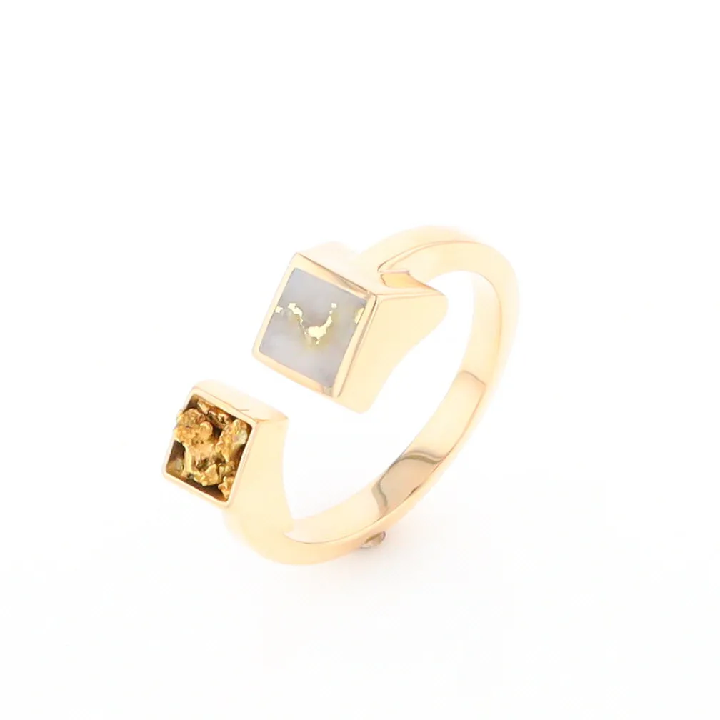 Gold Quartz Ring Natural Nuggets Inlaid Wrap Double Square Design