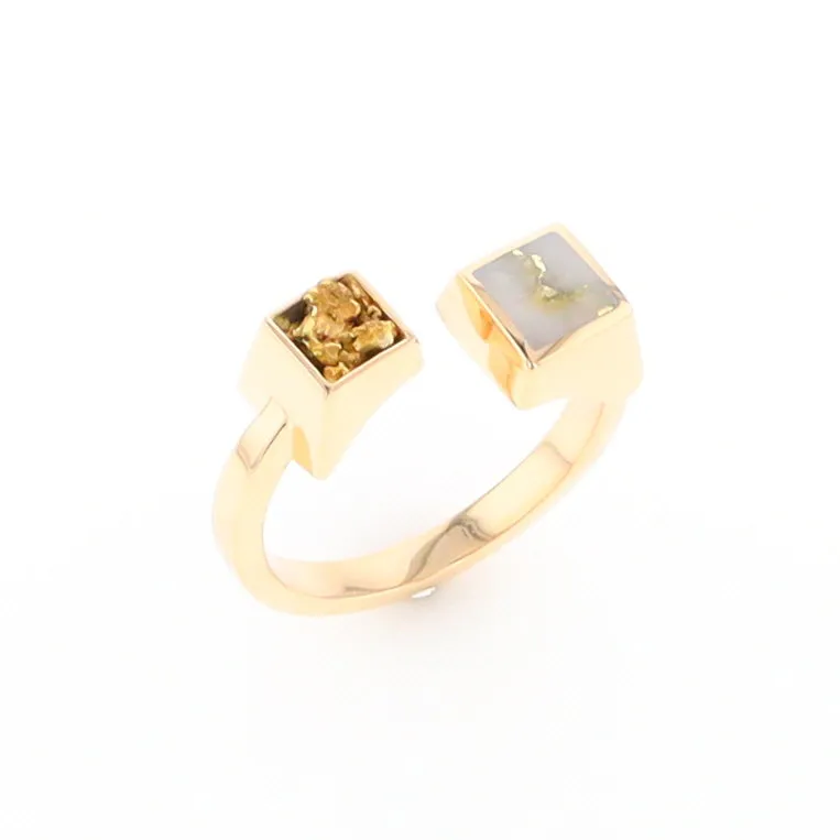 Gold Quartz Ring Natural Nuggets Inlaid Wrap Double Square Design