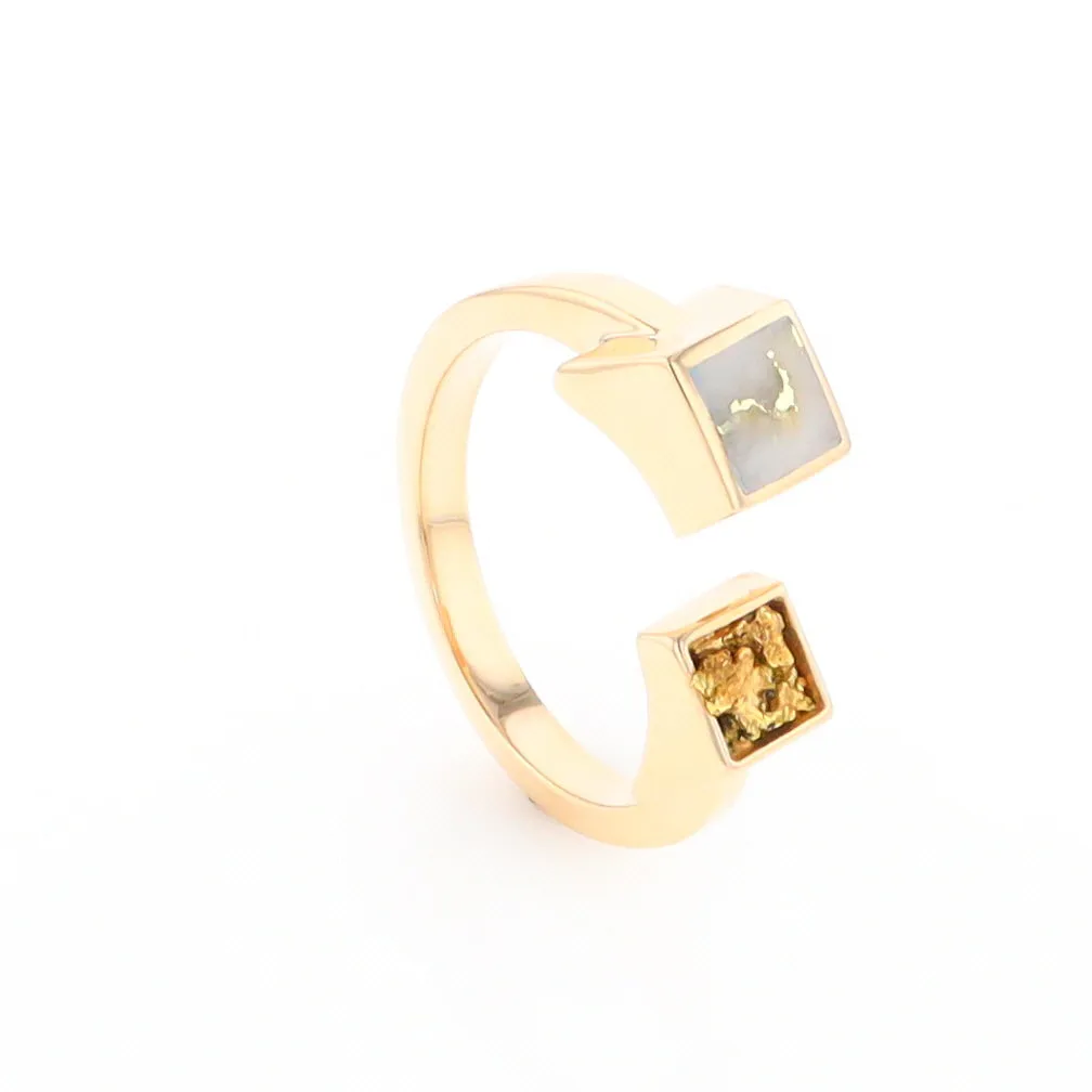 Gold Quartz Ring Natural Nuggets Inlaid Wrap Double Square Design