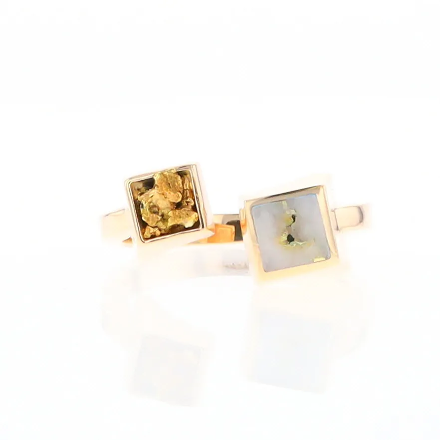 Gold Quartz Ring Natural Nuggets Inlaid Wrap Double Square Design