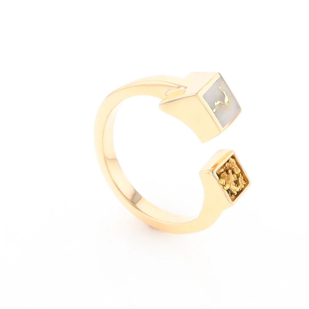 Gold Quartz Ring Natural Nuggets Inlaid Wrap Double Square Design