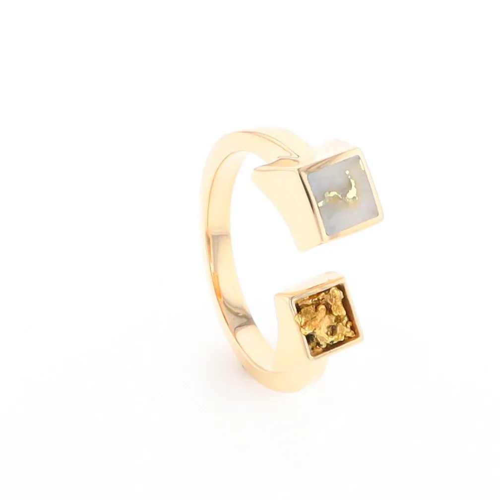 Gold Quartz Ring Natural Nuggets Inlaid Wrap Double Square Design