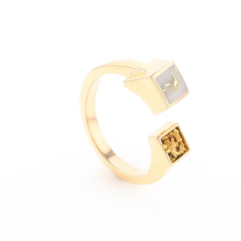 Gold Quartz Ring Natural Nuggets Inlaid Wrap Double Square Design