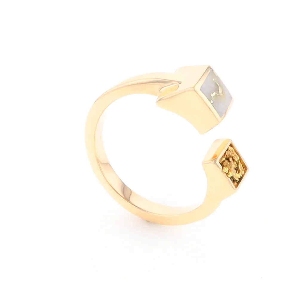 Gold Quartz Ring Natural Nuggets Inlaid Wrap Double Square Design