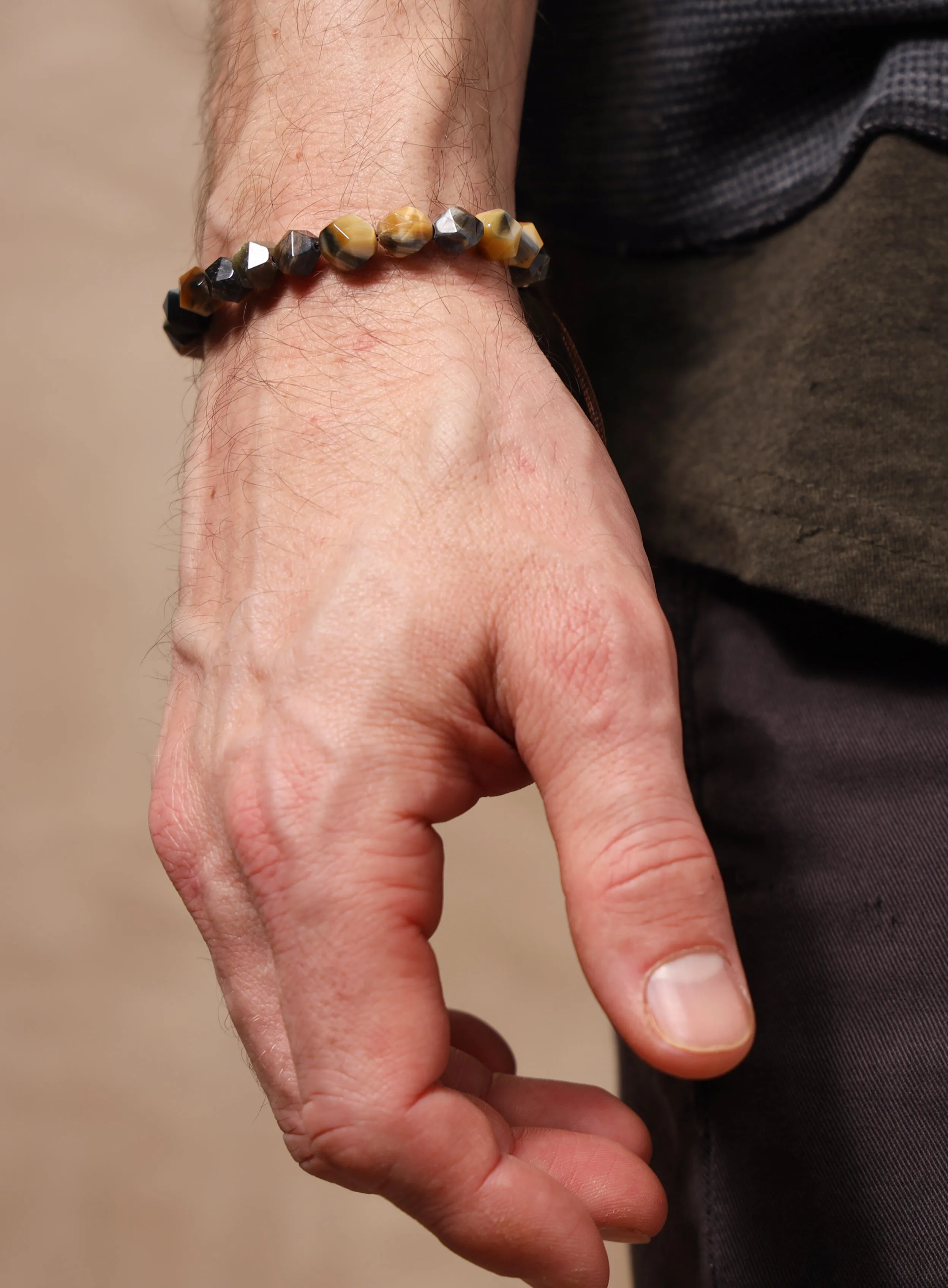 Golden Blue Tiger Eye and Sterling Silver Bracelet for Men