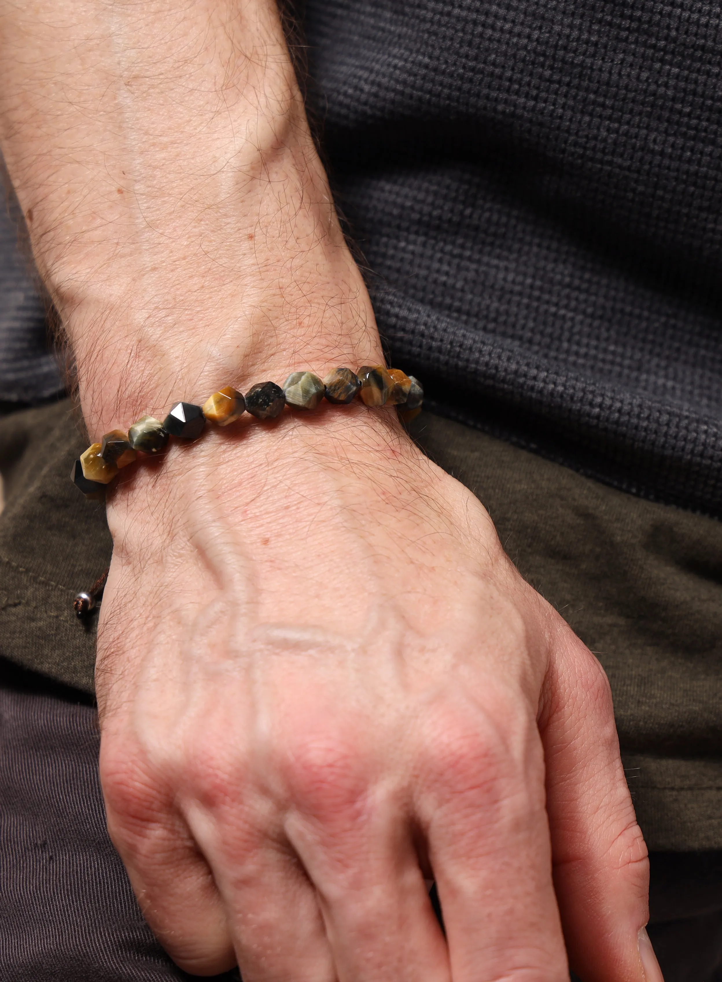 Golden Blue Tiger Eye and Sterling Silver Bracelet for Men