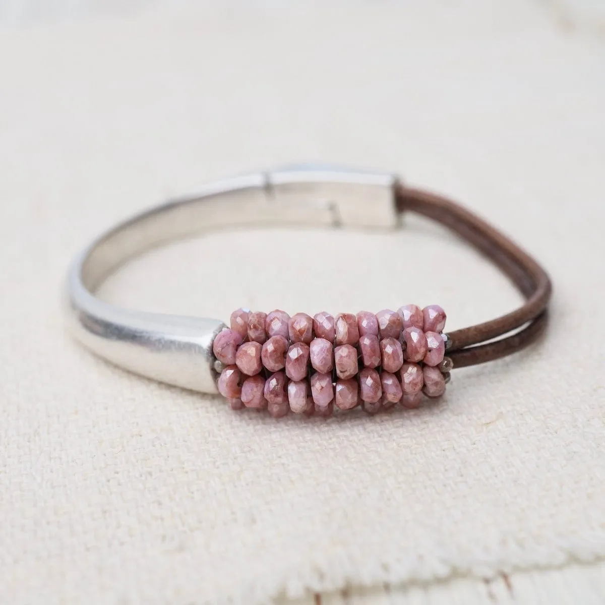 Hand Stitched Coated Ruby & Leather Bracelet