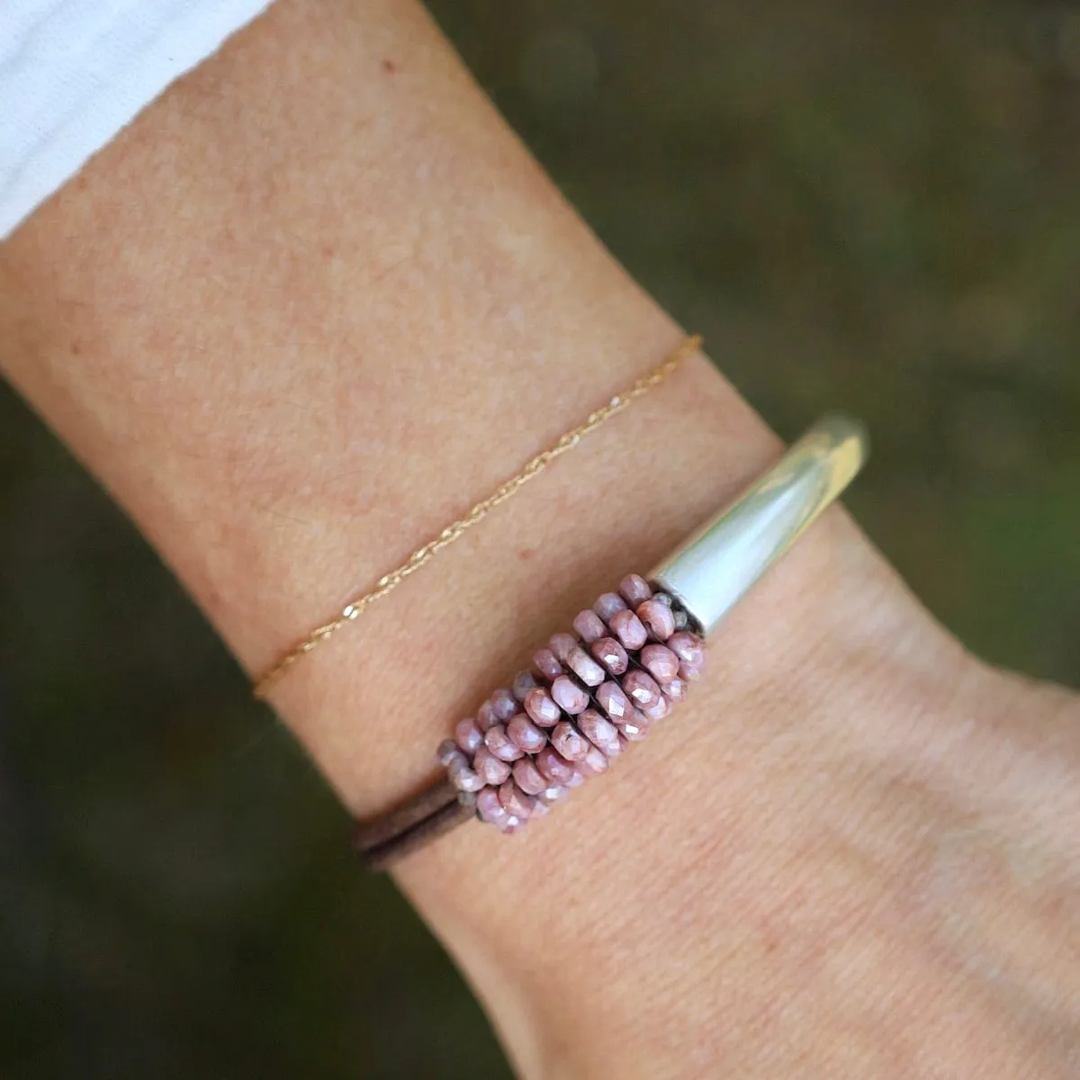 Hand Stitched Coated Ruby & Leather Bracelet