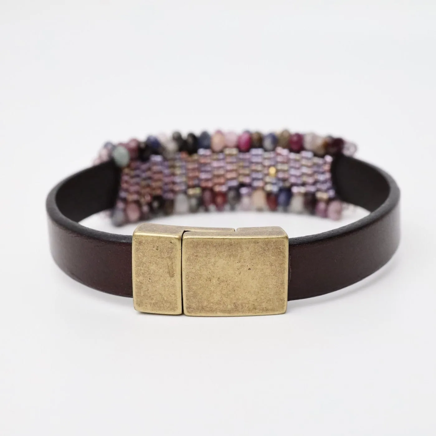 Hand Stitched Ruby, Sapphire Leather Bracelet