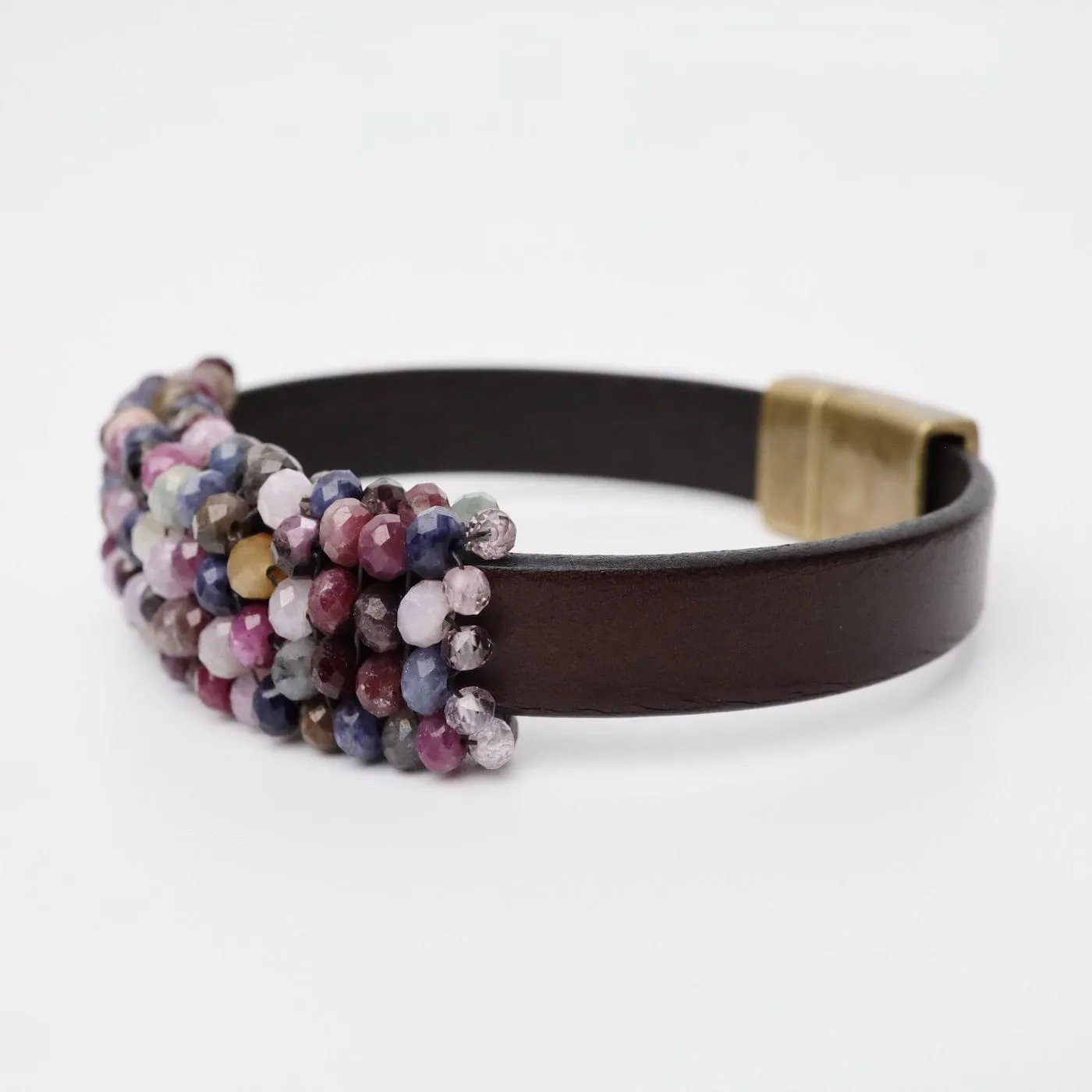 Hand Stitched Ruby, Sapphire Leather Bracelet