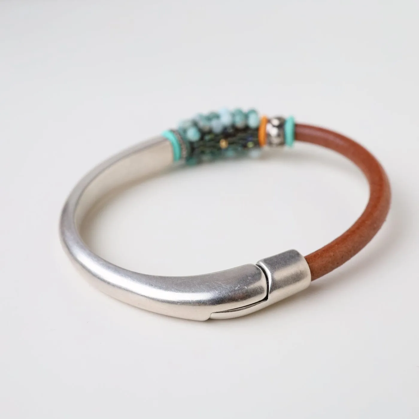 Hand Stitched Tiny Moss Opal with Metal Findings & Colored Rings 1/2 Cuff Bracelet