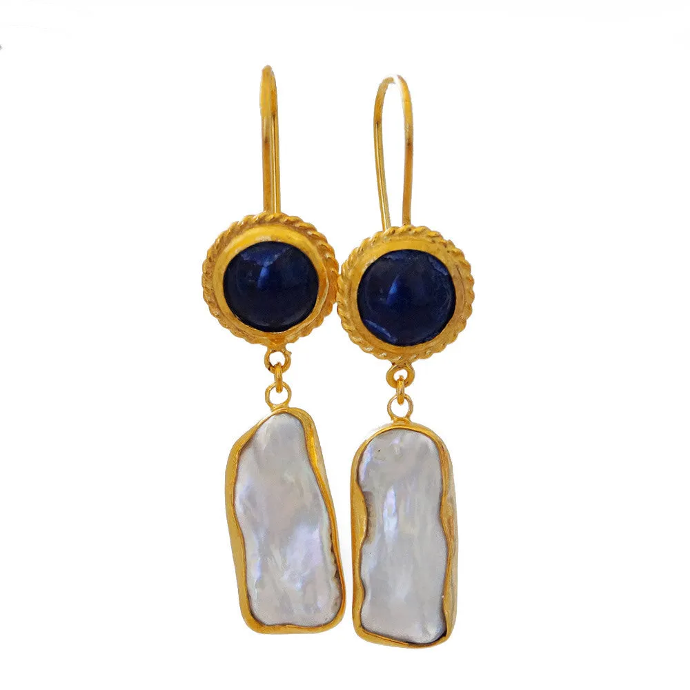 Handmade Lapis and Pearl Dangle Earrings