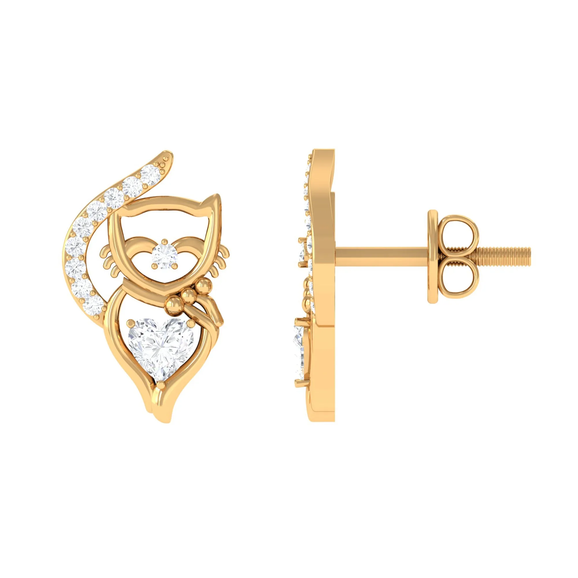 Heart and Round Diamond Animal Stud Earrings