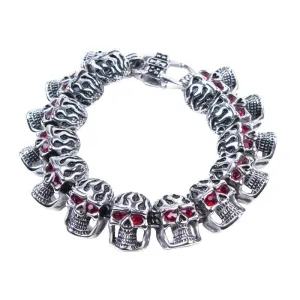 Heavy Duty Stainless Steel Motorcycle Bracelet With Flaming Skull & Ruby Eyes