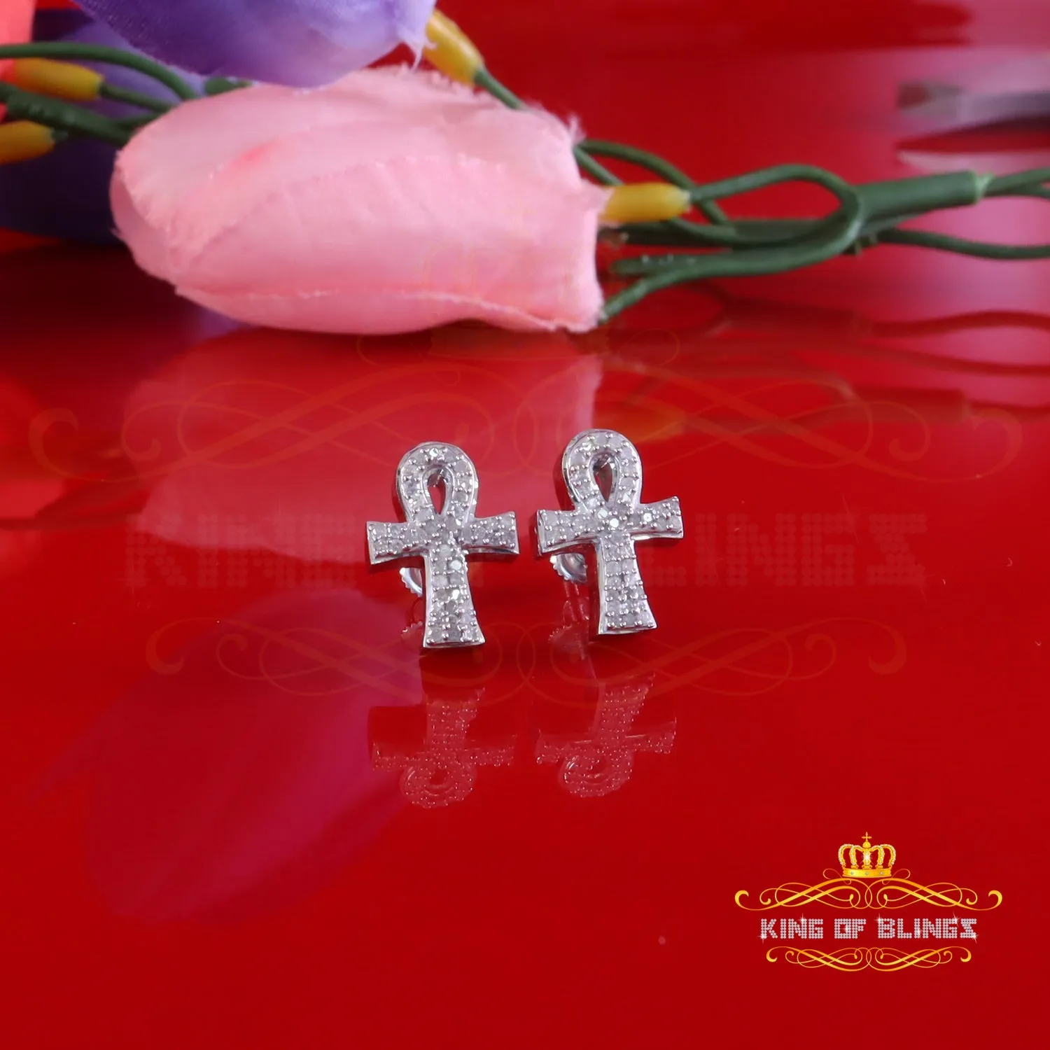 King Of Bling's New 0.40ct Diamond 925 Sterling Silver White for Men's & Women Stud ANKH Earring