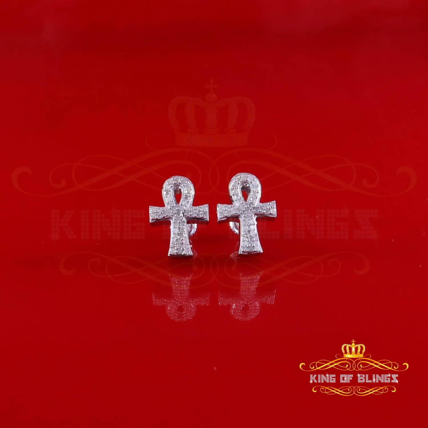 King Of Bling's New 0.40ct Diamond 925 Sterling Silver White for Men's & Women Stud ANKH Earring